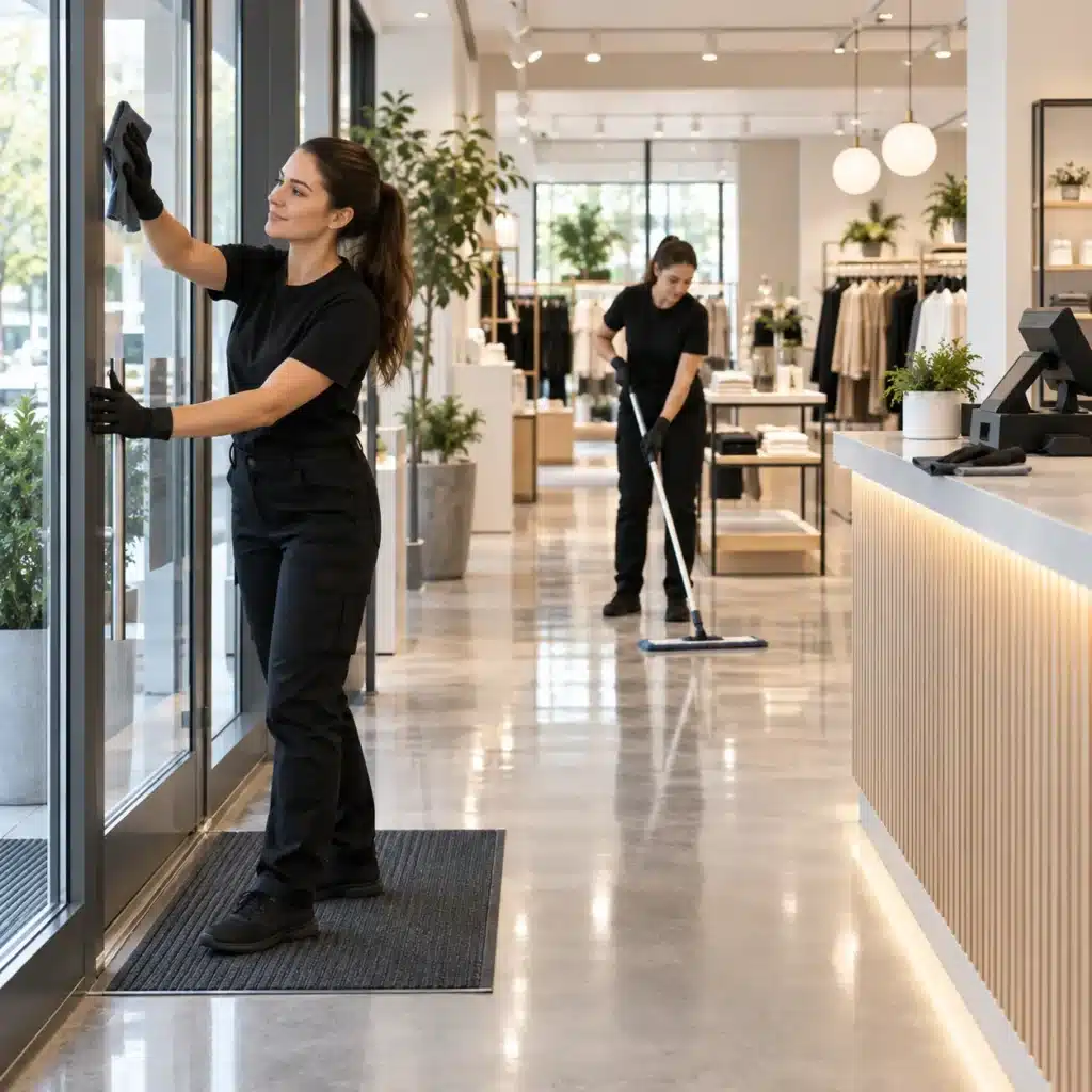 Rengöring av butikshyllor Städpersonal rengör hyllor och glasmontrar i en butik