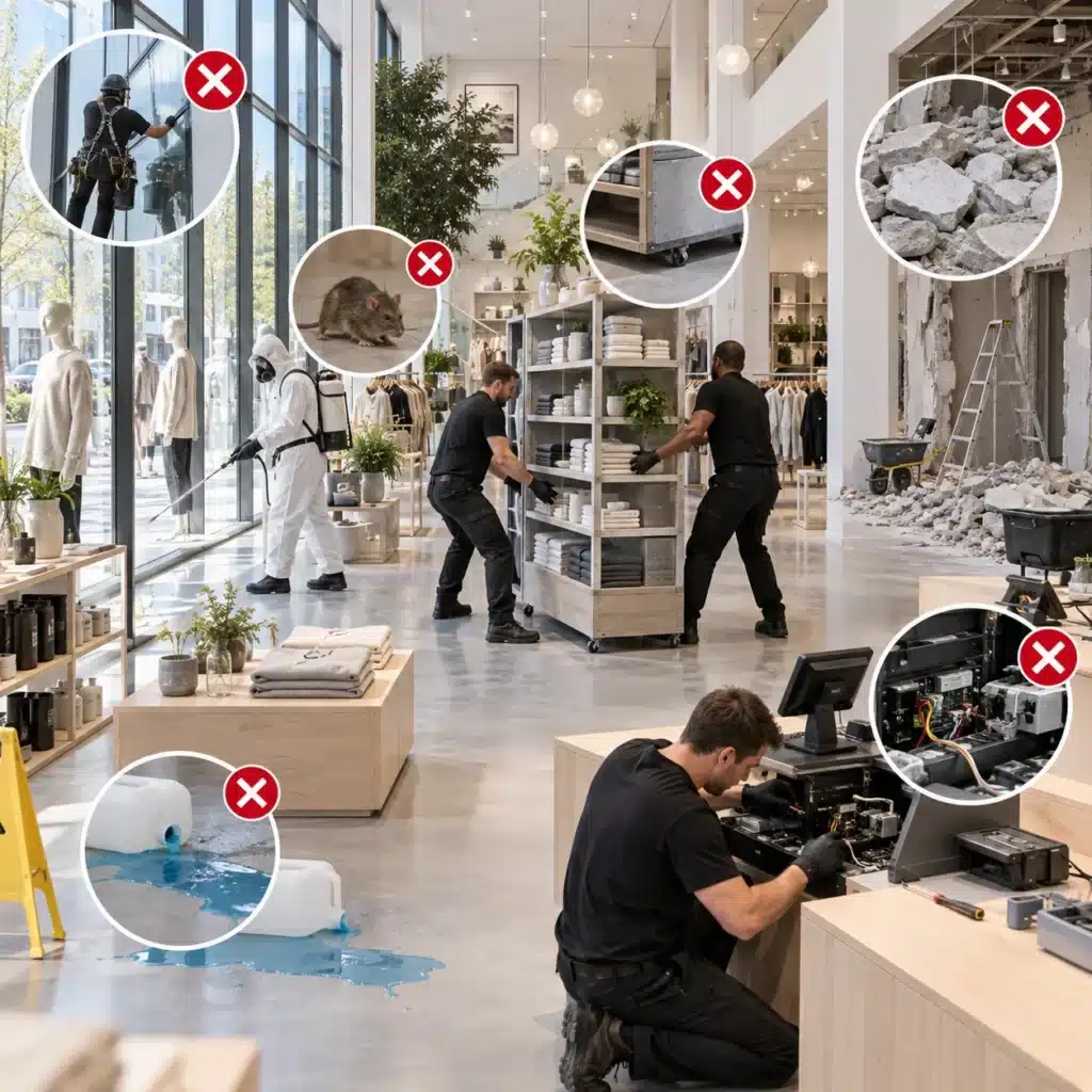 Städning av butiksentré Rengöring av entré, butiksgolv och kassadisk