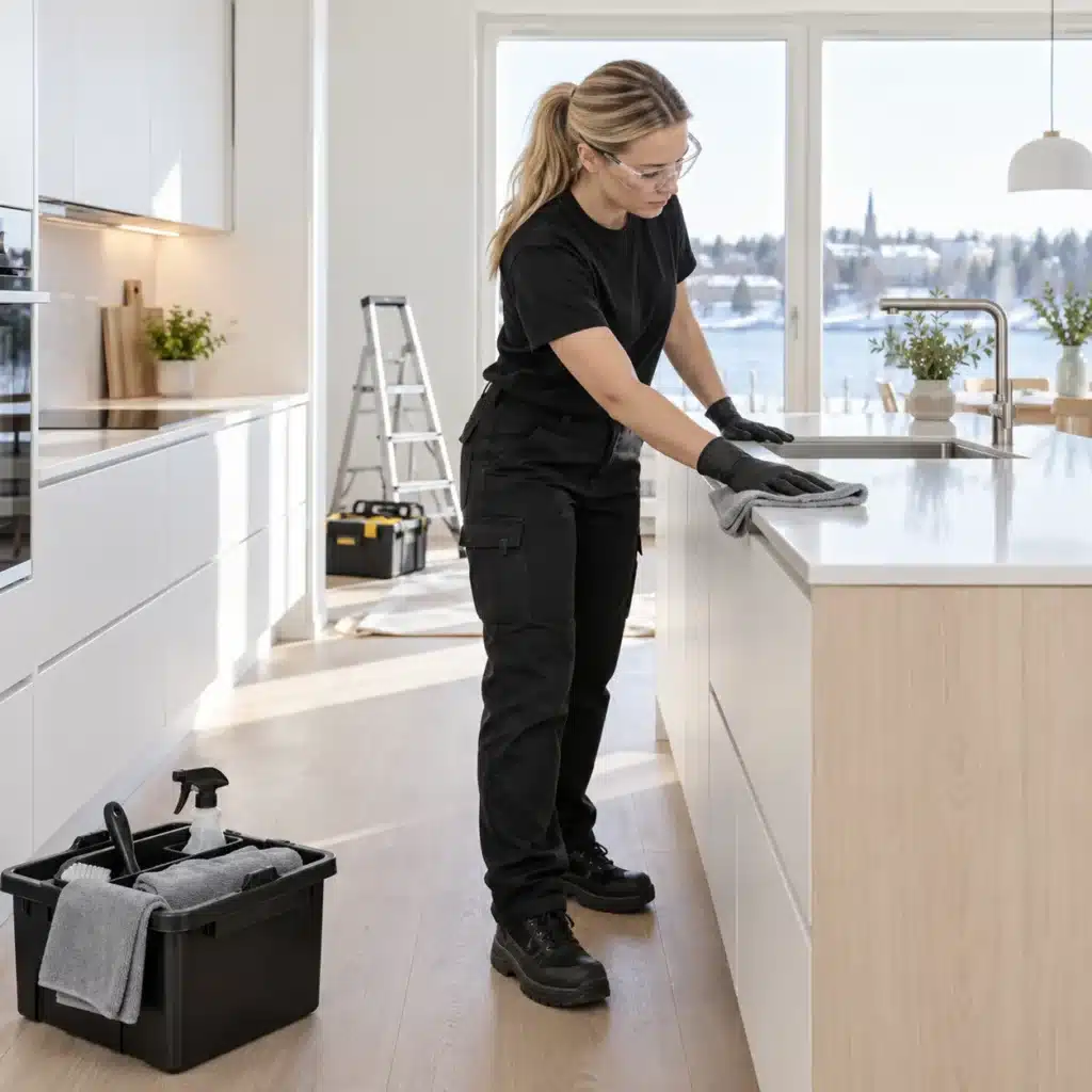 Borttagning av byggdamm Städpersonal dammsuger byggdamm från lister och hörn
