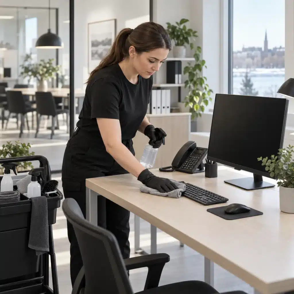 Städpersonal rengör skrivbord och kontaktytor på ett kontor