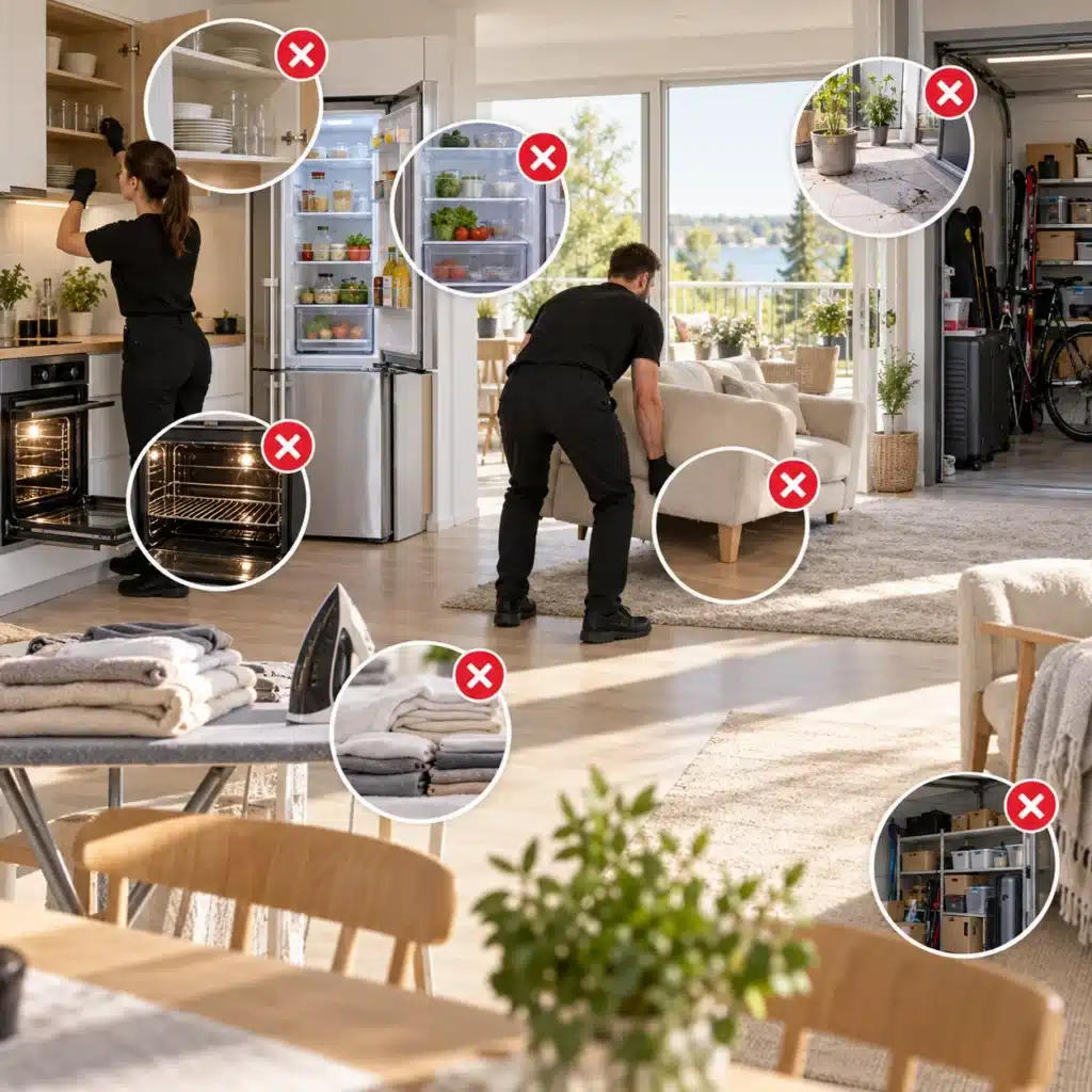 Visningsstädning av vardagsrum Städpersonal förbereder ett vardagsrum inför bostadsvisning